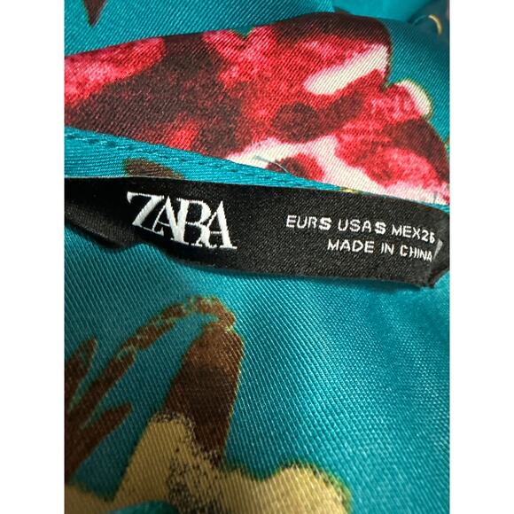 Zara Blue Silk Satin Floral Long Sleeve Deep V-Neck A Line Maxi Dress Size S - Picture 4 of 5